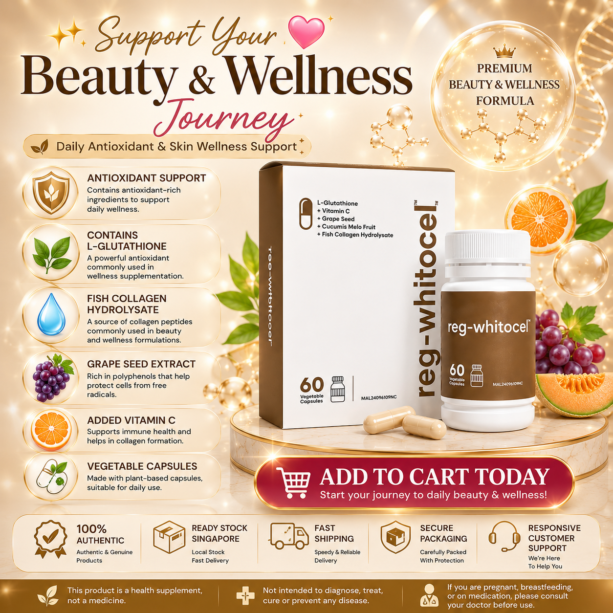 REG-WHITOCEL 60s | L-Glutathione + Collagen + Grape Seed + Vitamin C Antioxidant Supplement