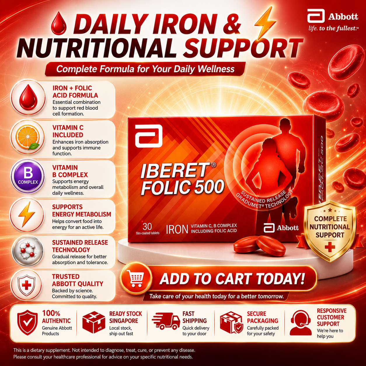 Abbott Iberet Folic 500 Iron + Folic Acid + Vitamin C + B Complex 30 Tablets | Sustained Release Iron Supplement | Energy & Nutritional Support