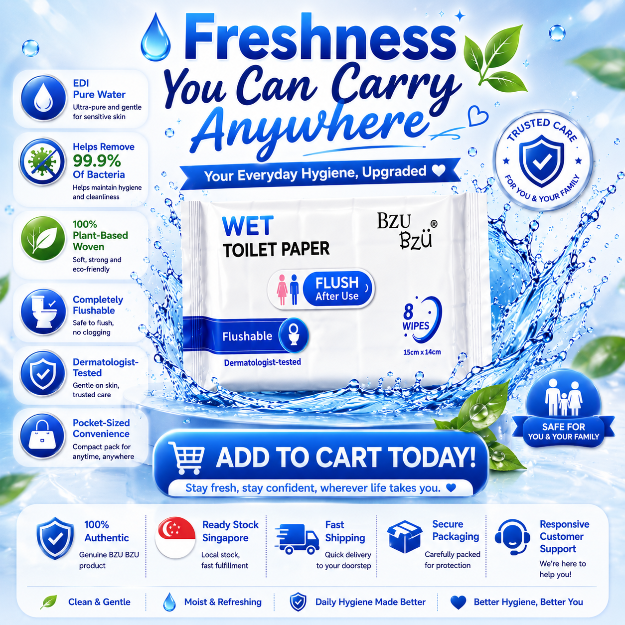 BZU BZU Wet Toilet Paper 8s ā Flushable, Antibacterial, Gentle on Skin