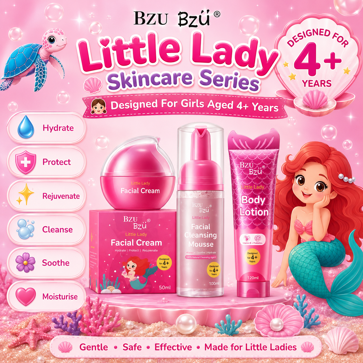 BZU BZU Little Lady Skincare Series | Facial Cleansing Mousse 100ml | Facial Cream 50ml | Body Lotion 120ml | For Girls 4+ Years