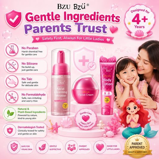 BZU BZU Little Lady Skincare Series | Facial Cleansing Mousse 100ml | Facial Cream 50ml | Body Lotion 120ml | For Girls 4+ Years