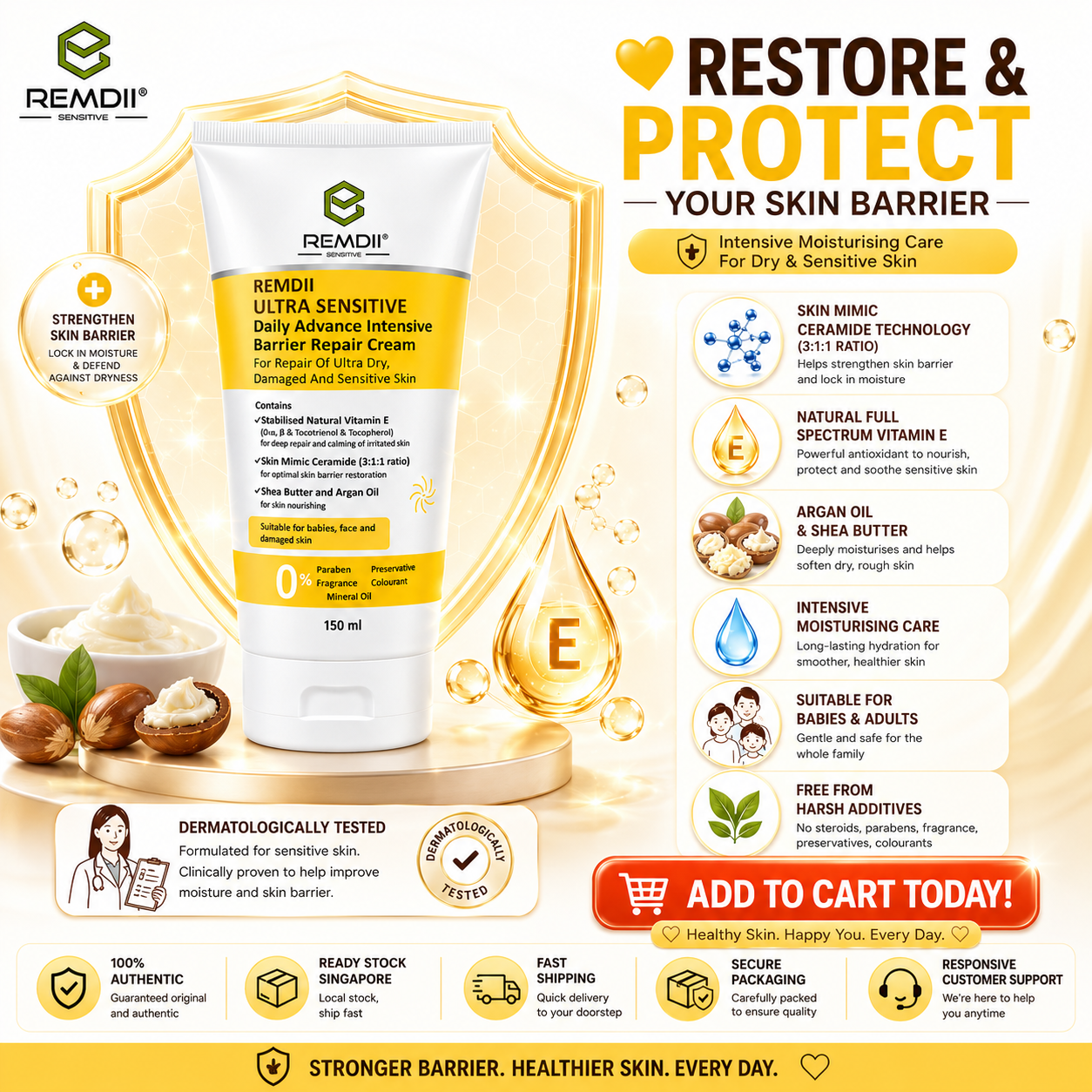 Remdii Ultra Sensitive Daily Advance Intensive Barrier Repair Cream 150ml | Steroid-Free & Clinically Proven