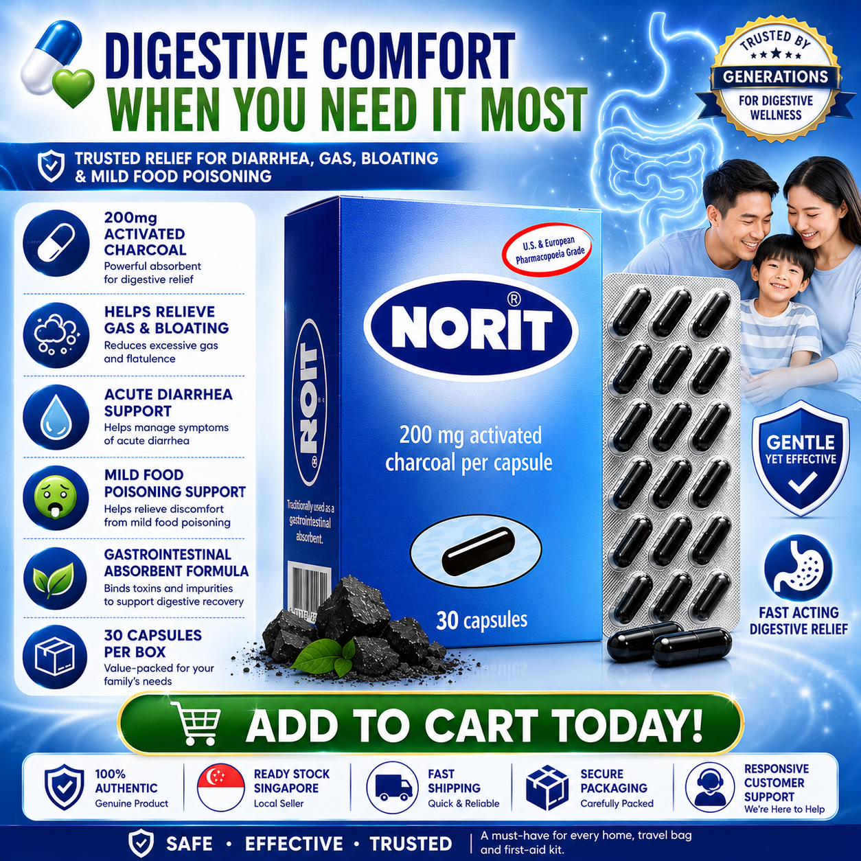 NORIT Activated Charcoal Capsules 200mg (30 Capsules)