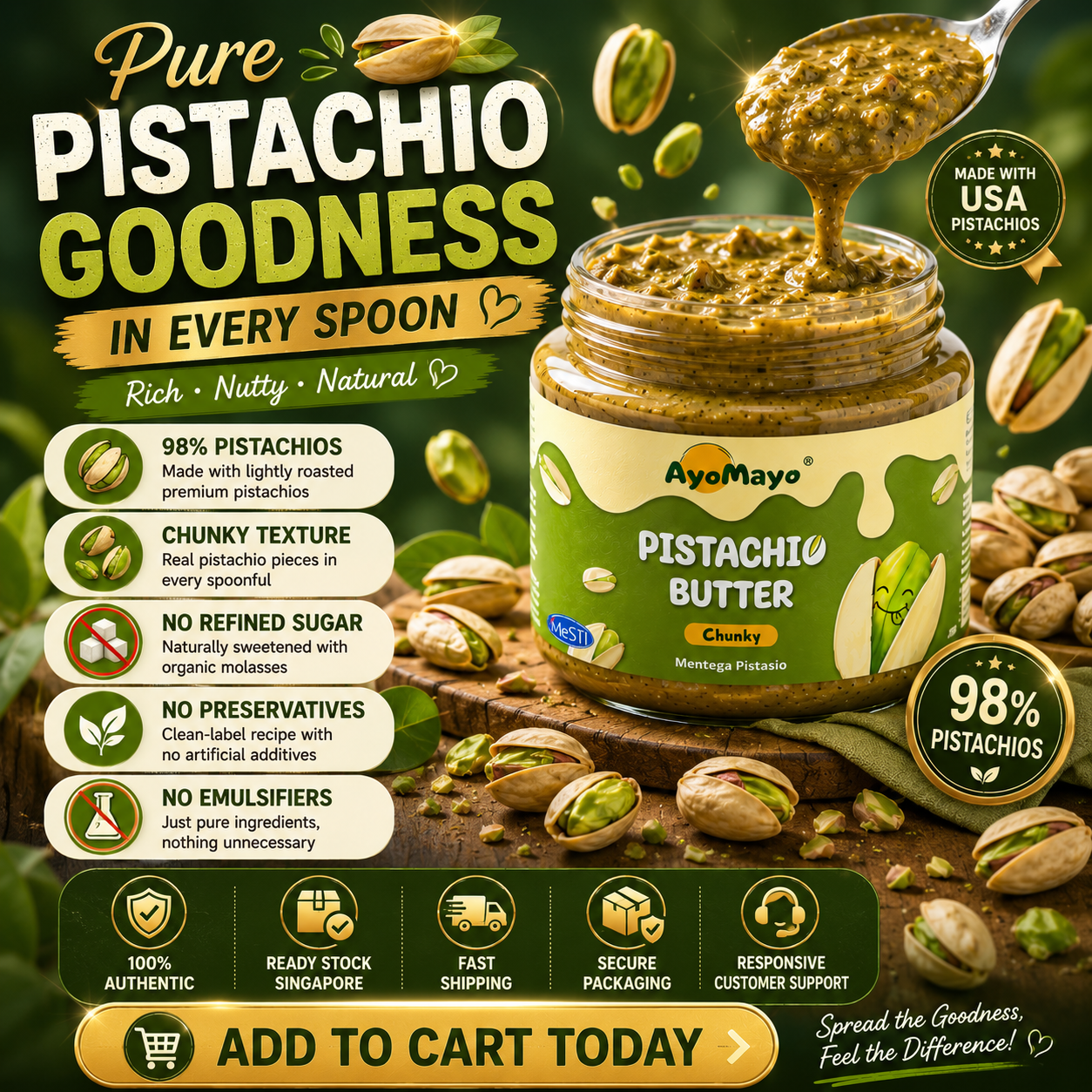 AyoMayo Pistachio Butter Chunky 90g | 100% USA Pistachios