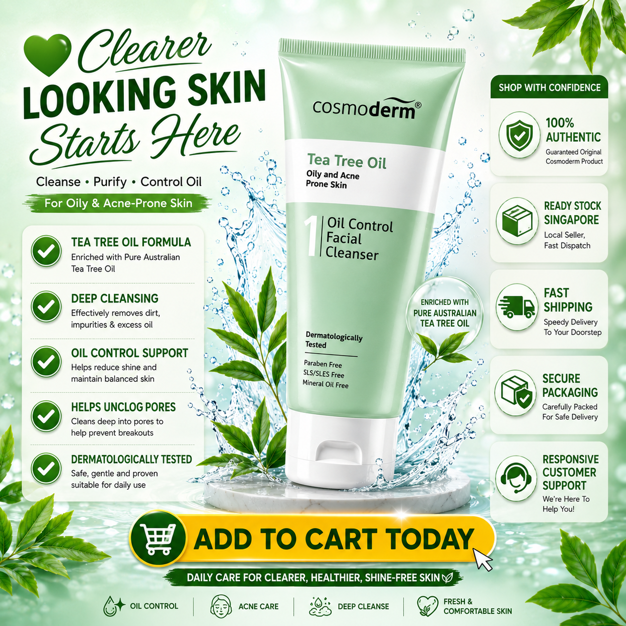 Cosmoderm Tea Tree Oil Control Facial Cleanser 125ml โ For Oily & Acne Skin