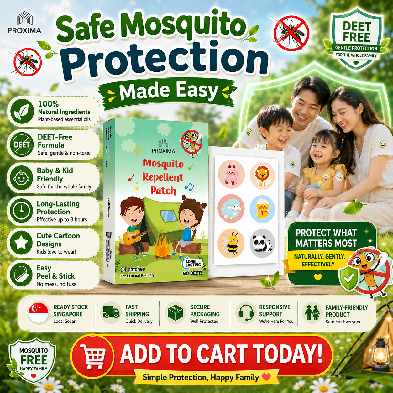 Mosquito Repellent Patch | No DEET | Baby-Friendly | Long-Lasting (24 Patches)