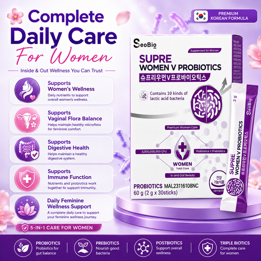 SUPRE WOMEN V PROBIOTICS + PREBIOTICS + POSTBIOTICS | Women’s Health Supplement | Vaginal + Gut Care | 3 Billion CFU