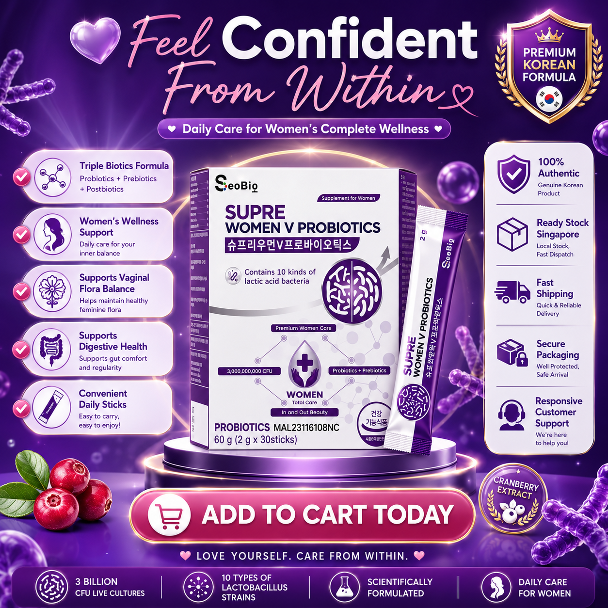 SUPRE WOMEN V PROBIOTICS + PREBIOTICS + POSTBIOTICS | Women’s Health Supplement | Vaginal + Gut Care | 3 Billion CFU