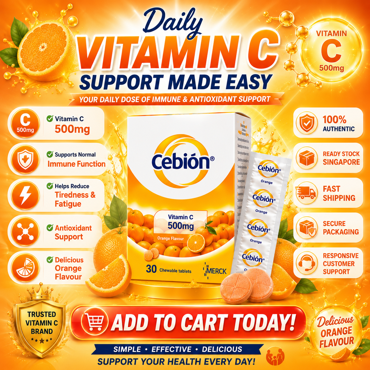 Cebion Vitamin C 500mg Chewable Tablets Orange 30s | Immune Support