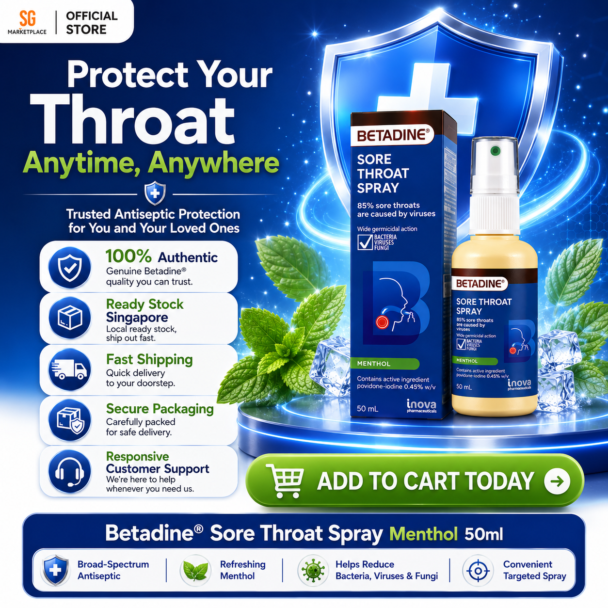 BETADINE® Sore Throat Spray 50mL | Kills Germs, Relieves Sore Throat Fast