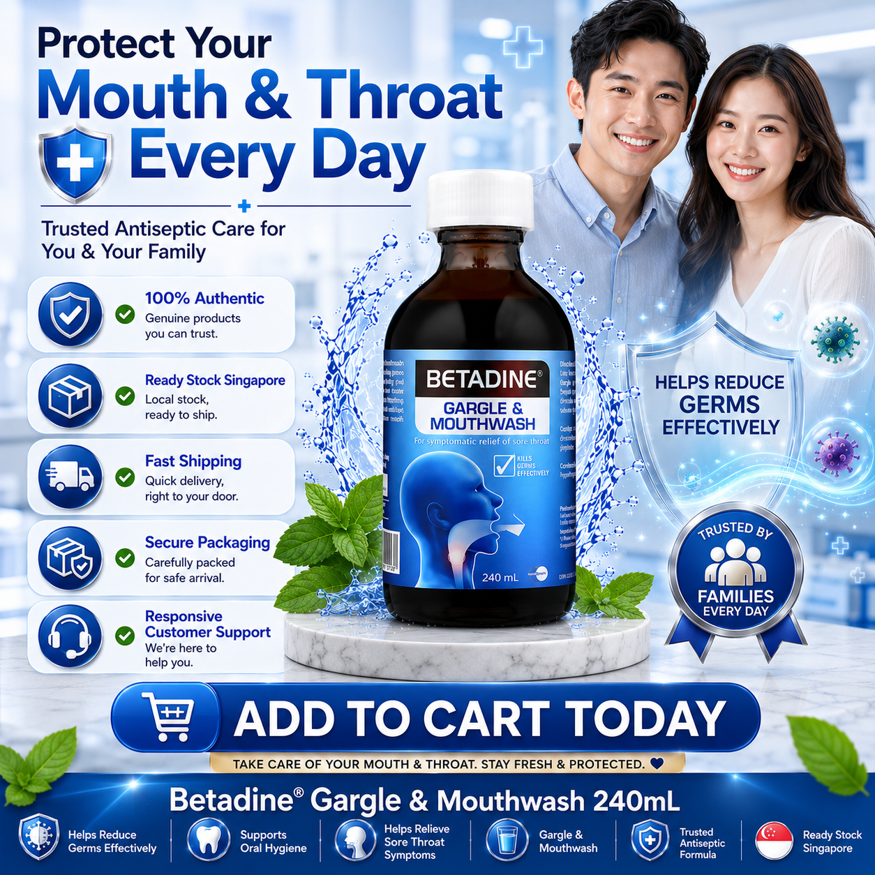 Betadine Gargle & Mouthwash 240ml | Antiseptic Oral Rinse | Helps Relieve Sore Throat | Kills Germs Effectively