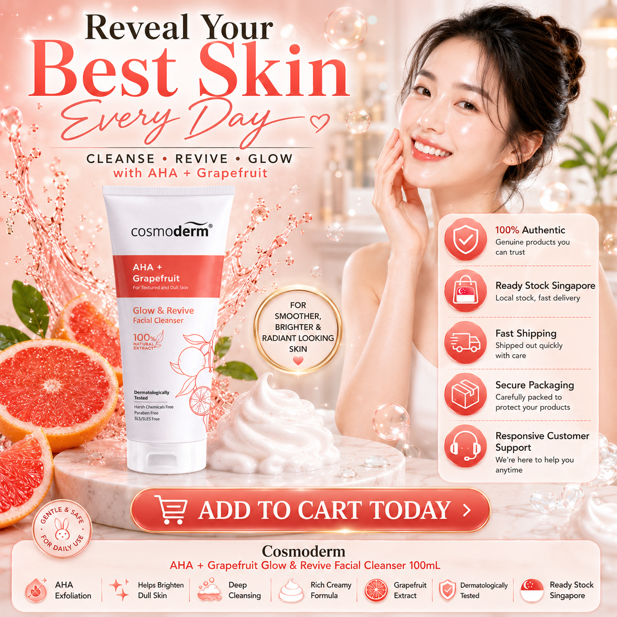 Cosmoderm AHA + Grapefruit Glow & Revive Facial Cleanser 100mL