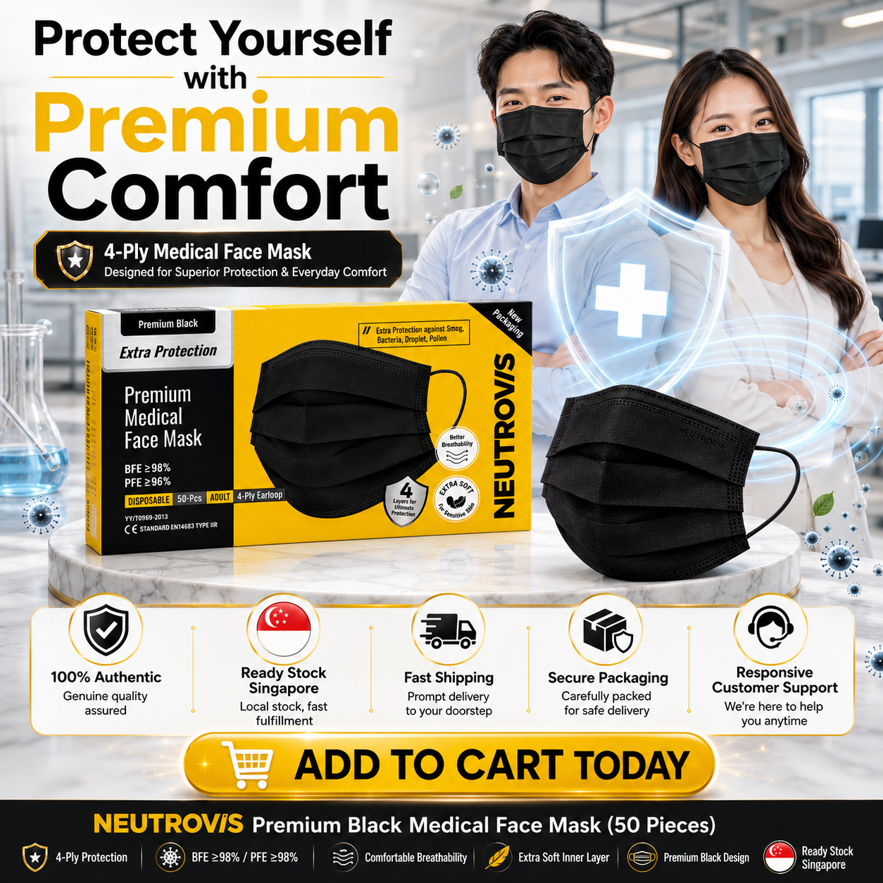 NEUTROVIS Premium Black Medical Face Mask (50 Pieces) | Adult | 4-Ply Earloop | BFE β₯98% | PFE β₯98% | EN14683 Type IIR
