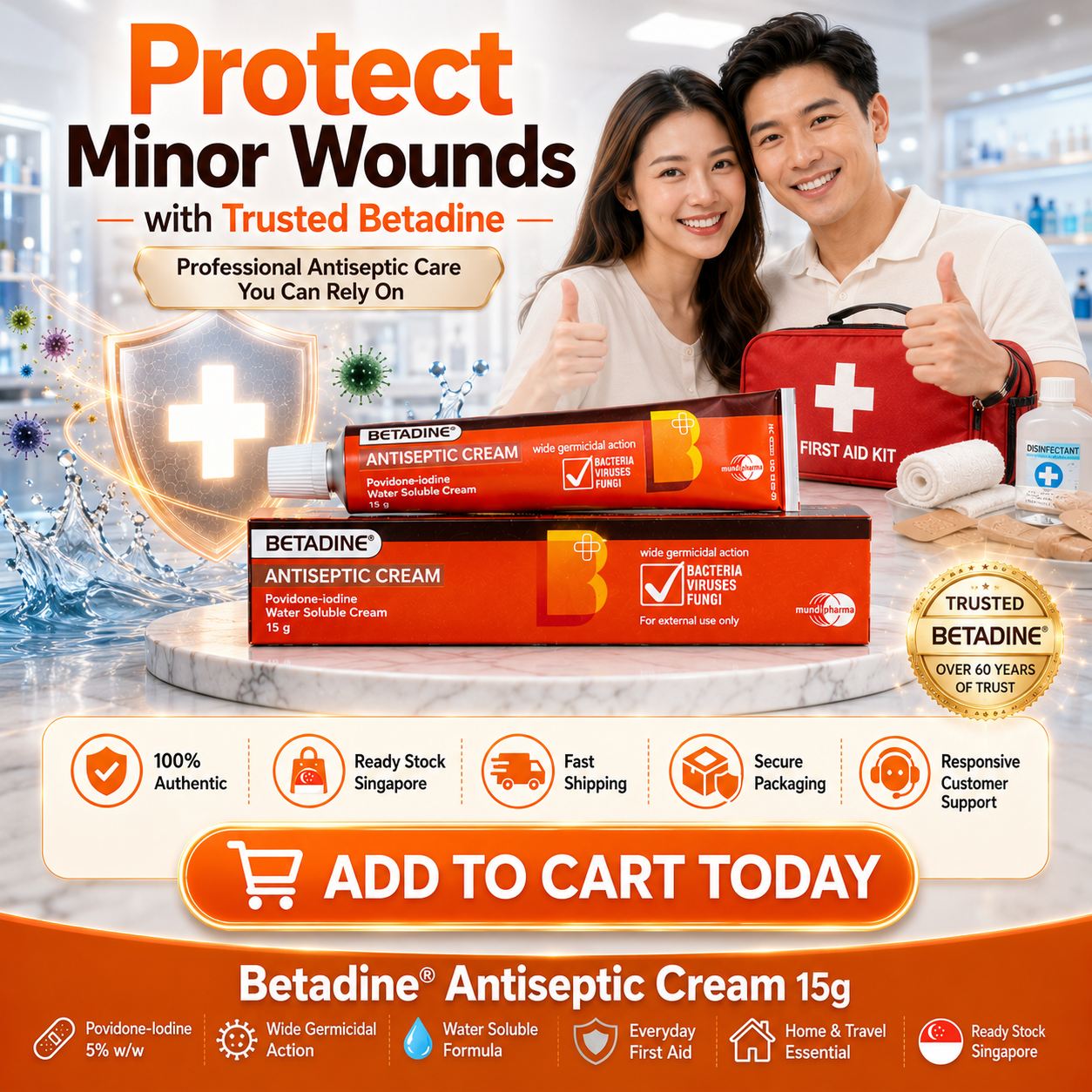 Betadine® Antiseptic Cream 15g | Povidone-Iodine 5% w/w | Water Soluble | First Aid Antiseptic Cream