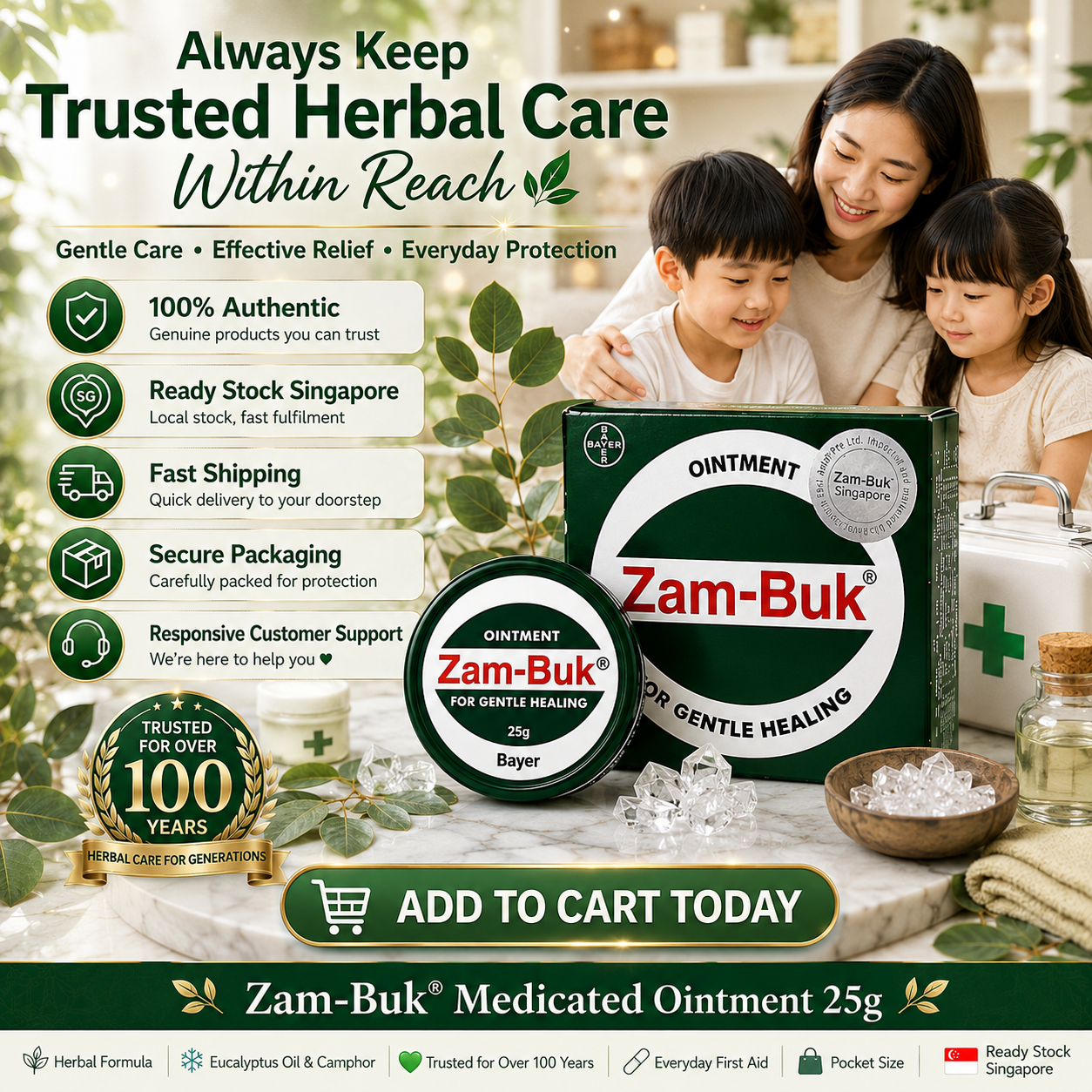 Zam-Buk® Medicated Ointment | Herbal Balm for Temporary Relief of Minor Burns, Insect Bites, Bruises & Chapped Hands | 25g