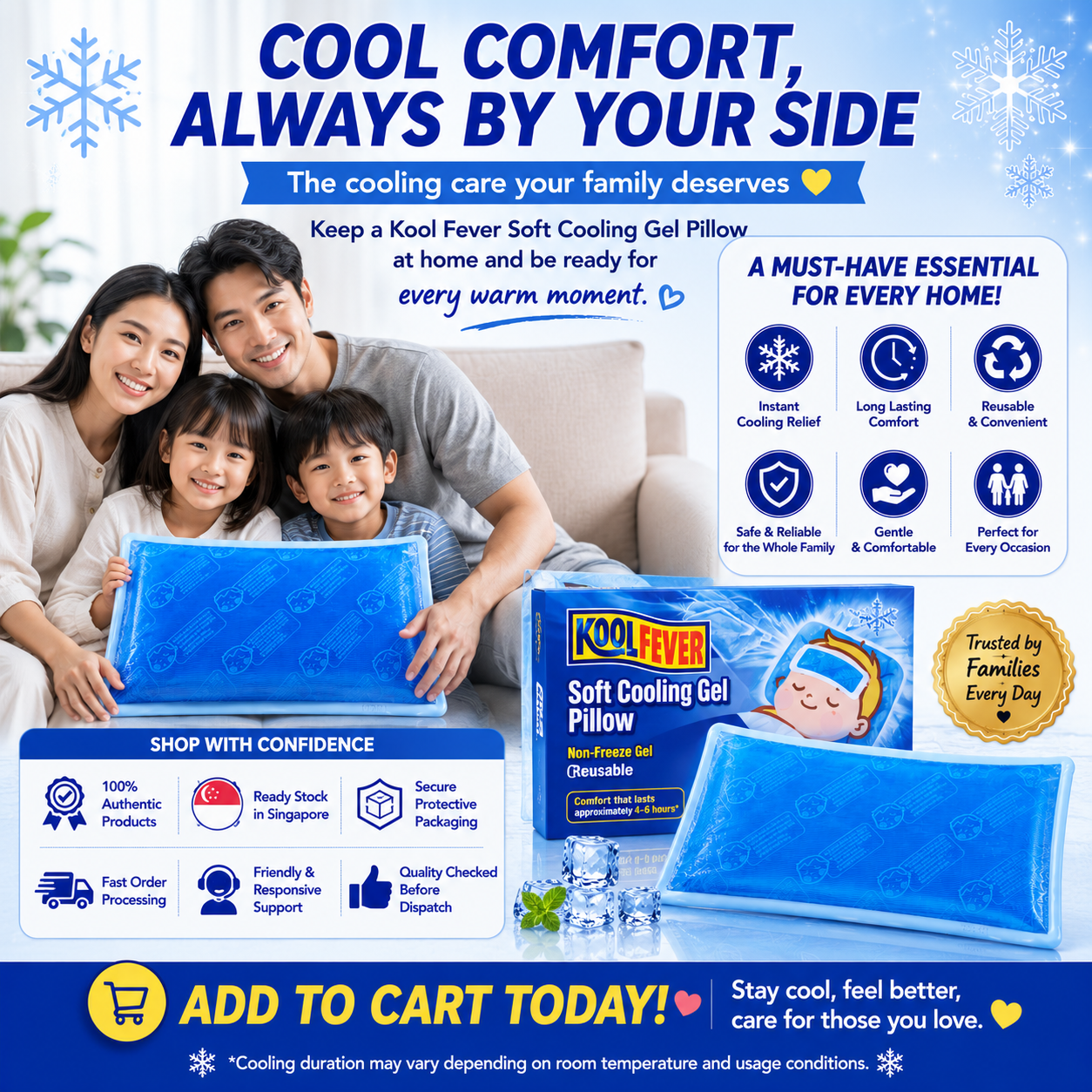 Kool Fever Soft Cooling Gel Pillow (Reusable) | Up To 6 Hours | Cooling Comfort for Fever, Headache & Hot Weather