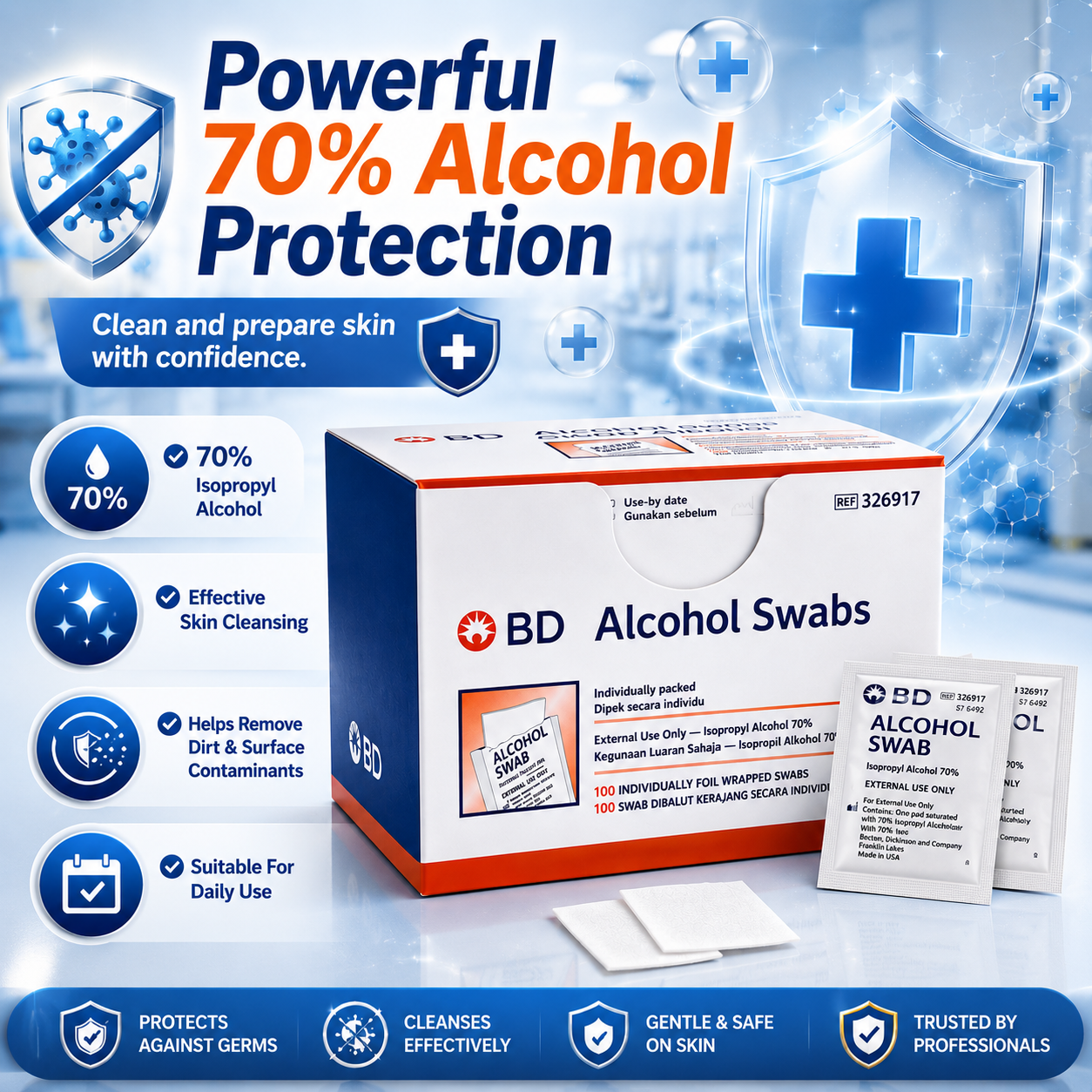 BD Alcohol Swabs 70% Isopropyl | Sterile Prep Pads (100pcs/Box)