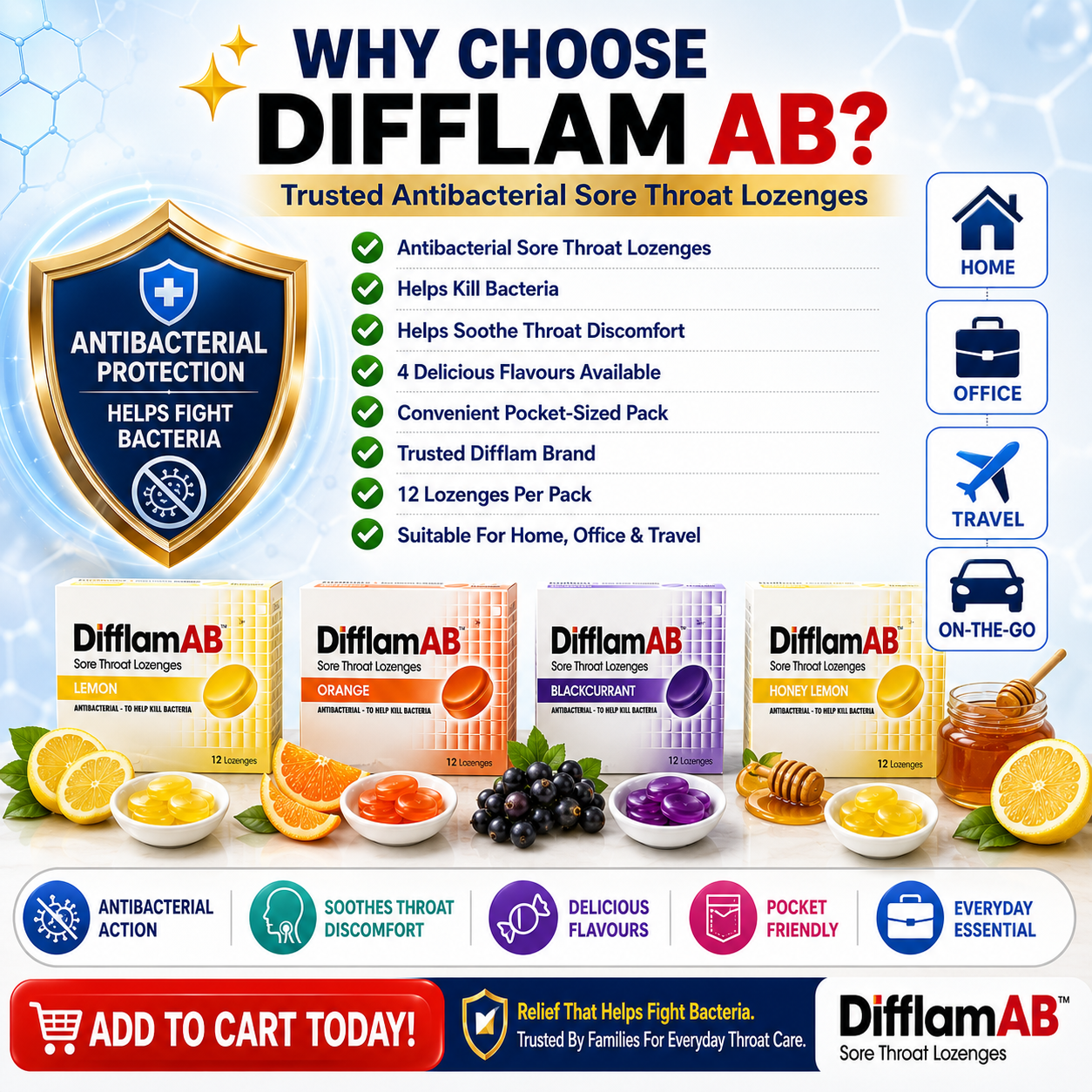 Difflam AB Sore Throat Lozenges 12s | Antibacterial Relief Cough Throat Pain
