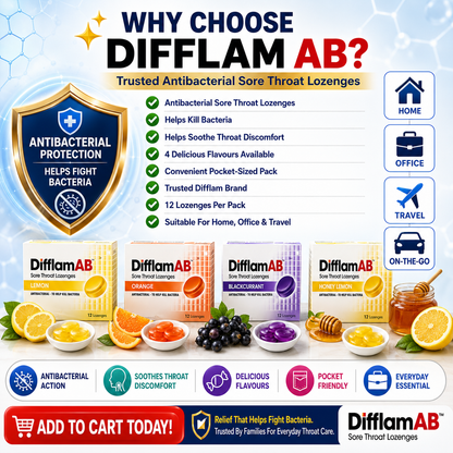 Difflam AB Sore Throat Lozenges 12s | Antibacterial Relief Cough Throat Pain