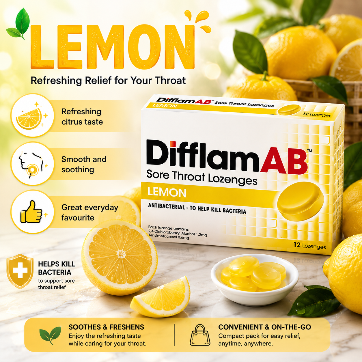 Difflam AB Sore Throat Lozenges 12s | Antibacterial Relief Cough Throat Pain