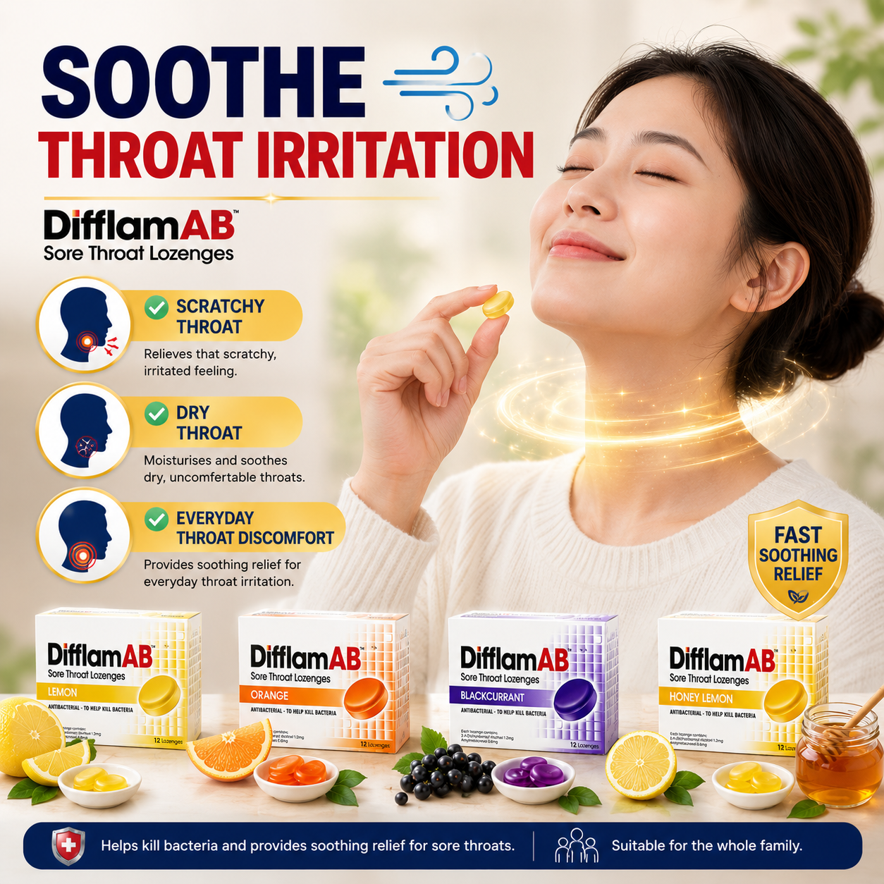 Difflam AB Sore Throat Lozenges 12s | Antibacterial Relief Cough Throat Pain