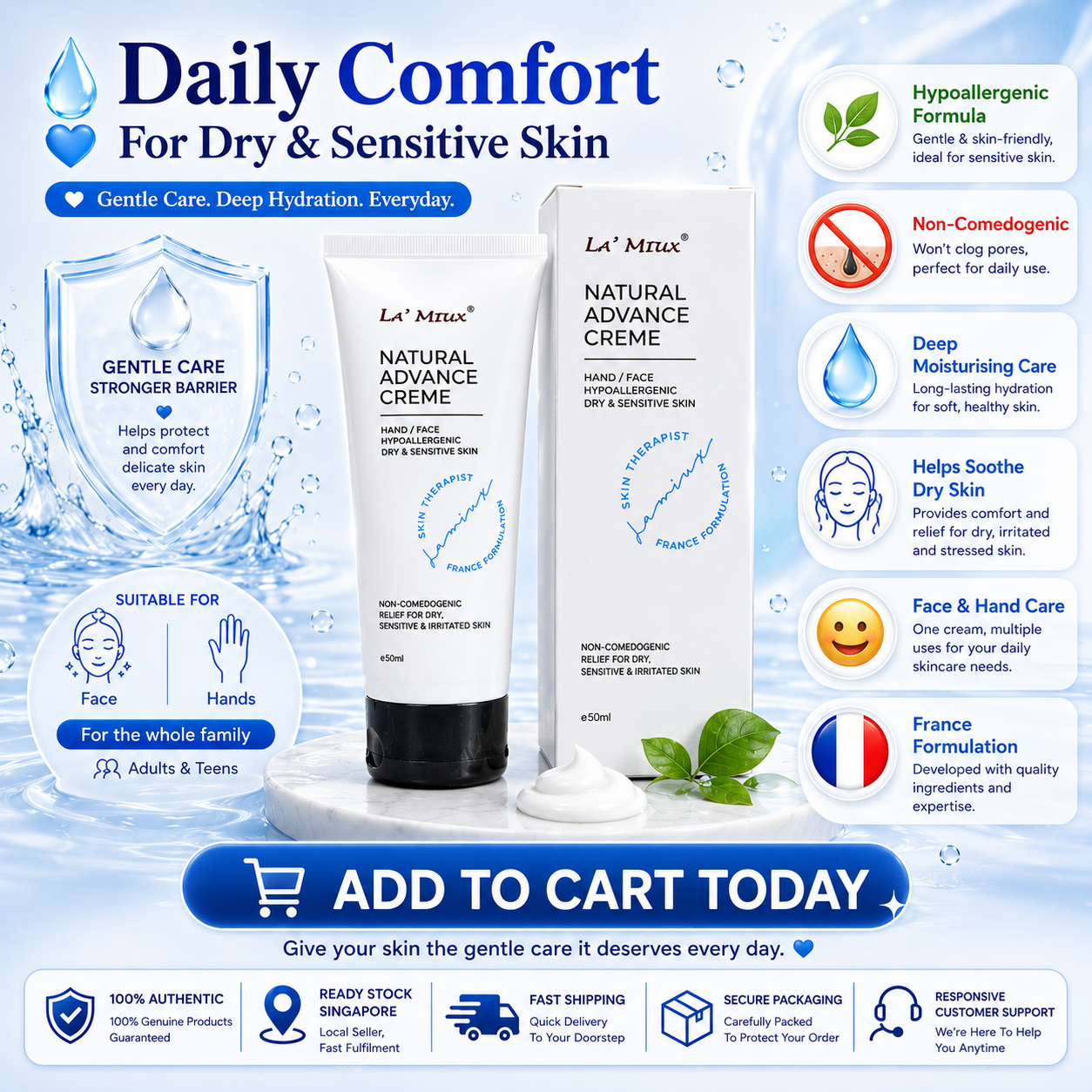 LA’ MIUX Natural Advance Creme 50ml Hypoallergenic Moisturising Care For Dry & Sensitive Skin