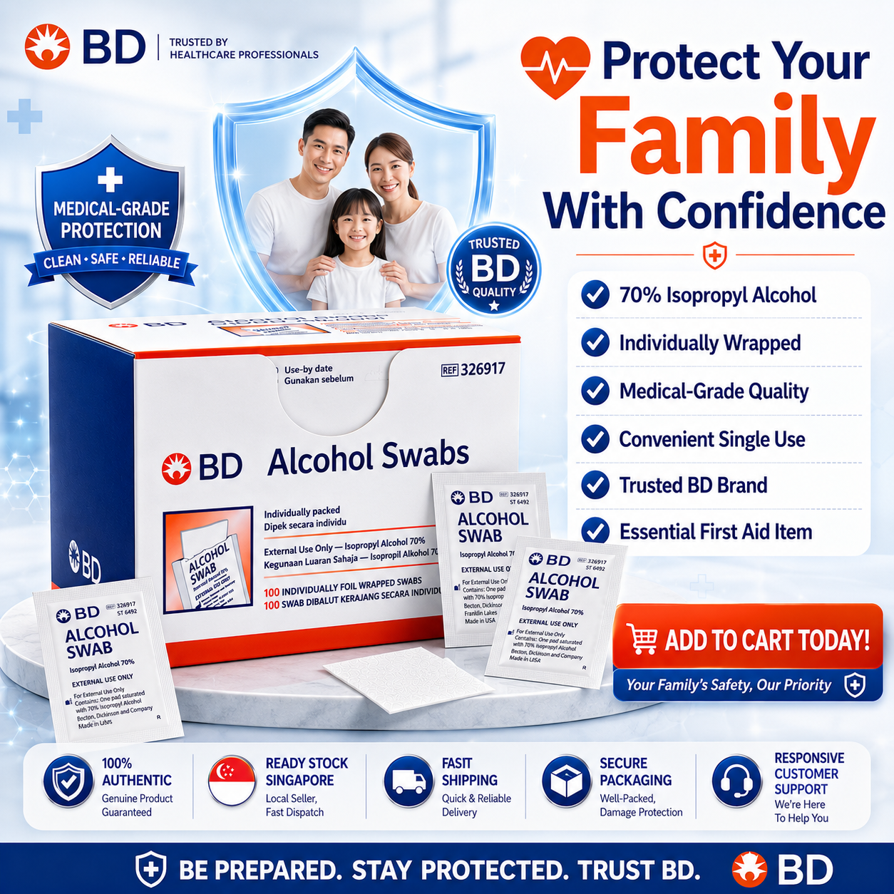 BD Alcohol Swabs 70% Isopropyl | Sterile Prep Pads (100pcs/Box)