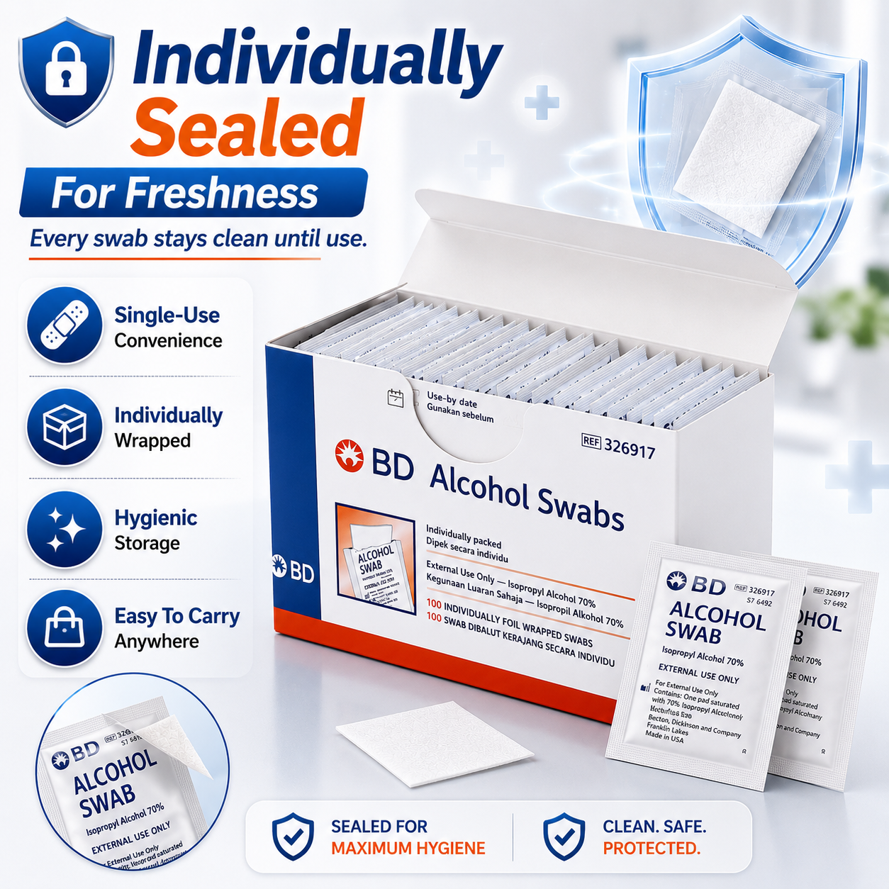BD Alcohol Swabs 70% Isopropyl | Sterile Prep Pads (100pcs/Box)