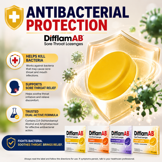 Difflam AB Sore Throat Lozenges 12s | Antibacterial Relief Cough Throat Pain
