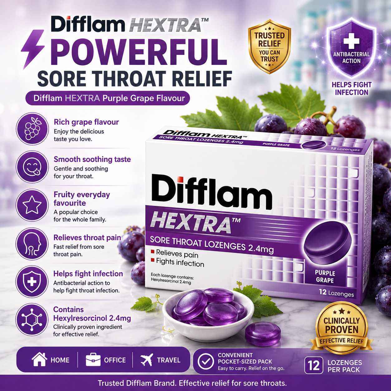 Difflam AB Sore Throat Lozenges 12s | Antibacterial Relief Cough Throat Pain