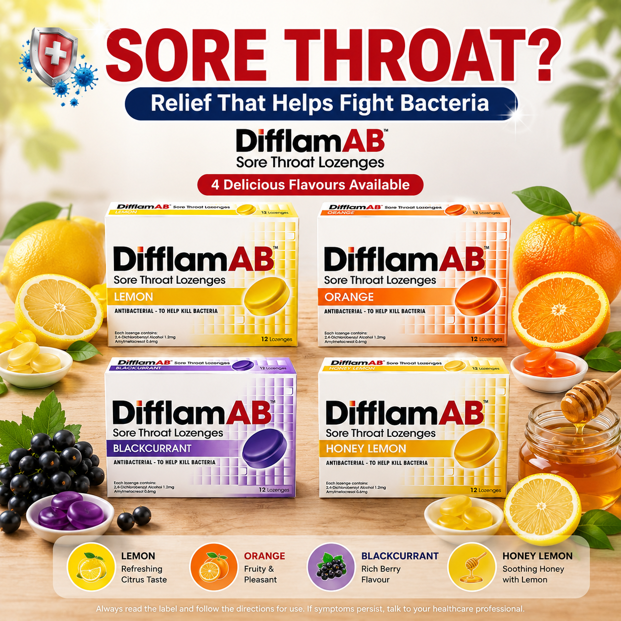 Difflam AB Sore Throat Lozenges 12s | Antibacterial Relief Cough Throat Pain