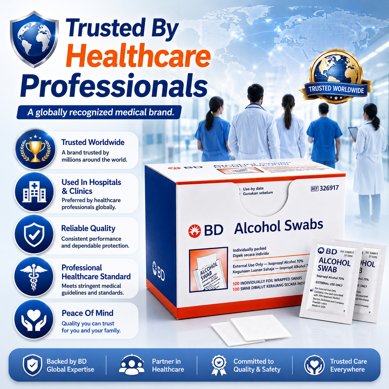 BD Alcohol Swabs 70% Isopropyl | Sterile Prep Pads (100pcs/Box)