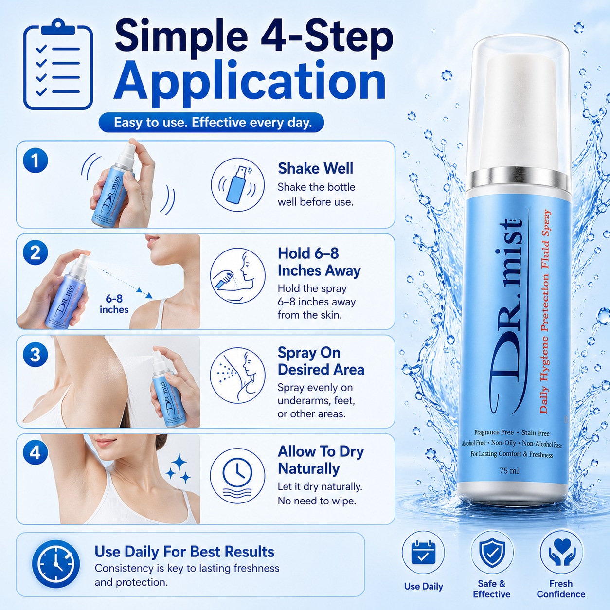 DR. mist Hygiene Spray 50ml – Long-Lasting Deodorant Mist, Fragrance-Free