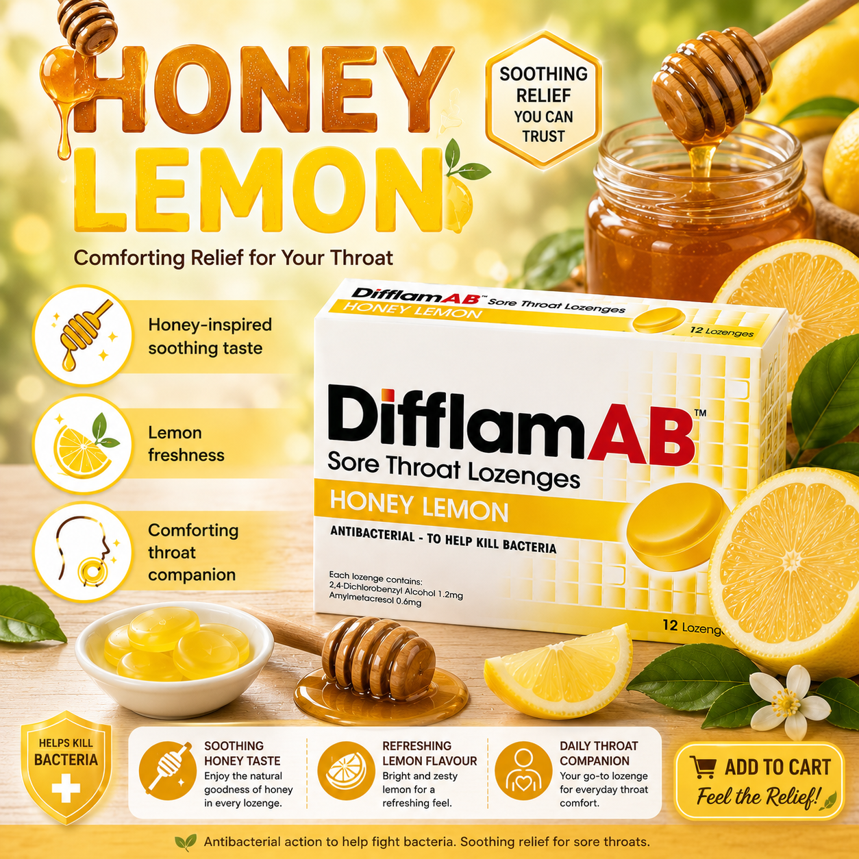 Difflam AB Sore Throat Lozenges 12s | Antibacterial Relief Cough Throat Pain