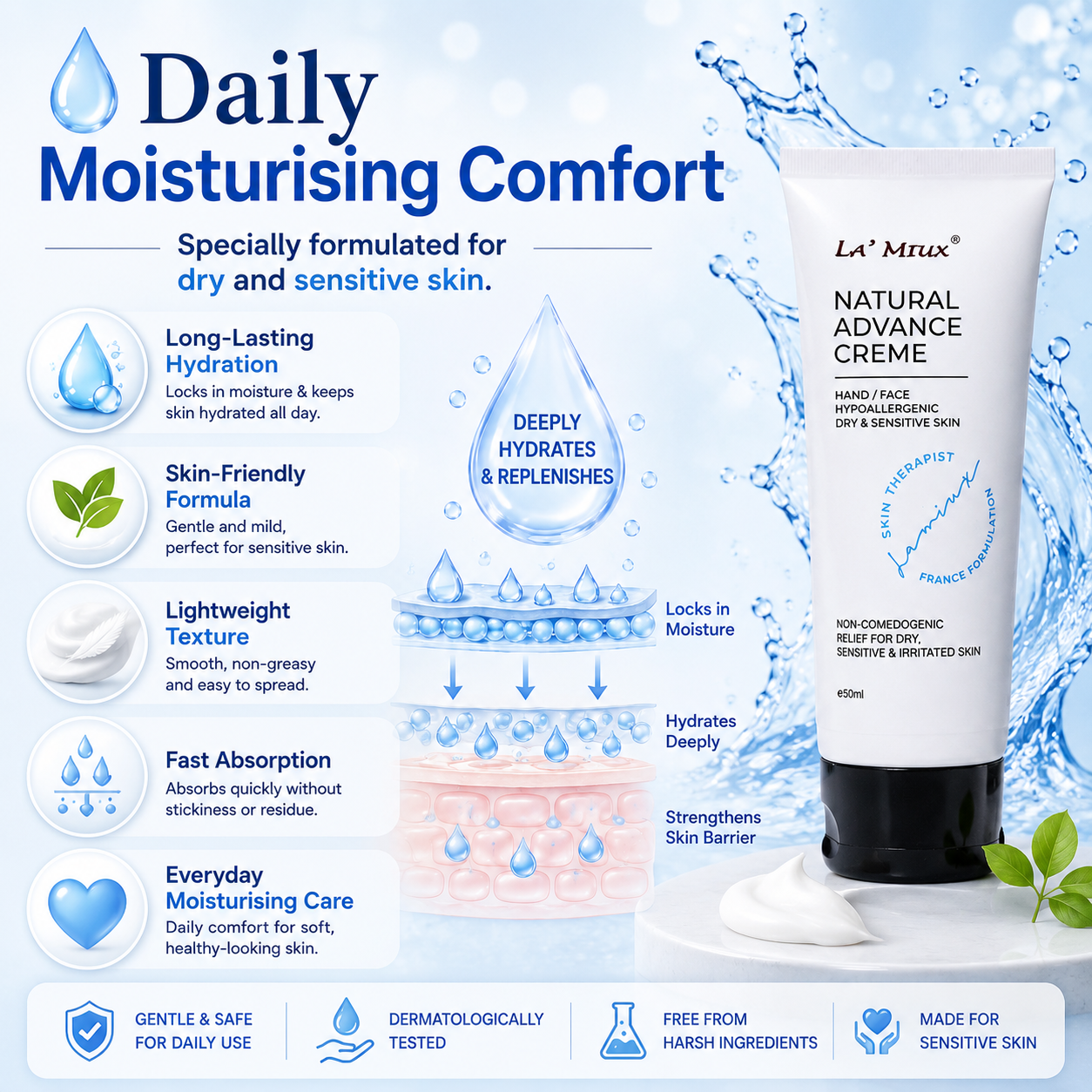 LA’ MIUX Natural Advance Creme 50ml Hypoallergenic Moisturising Care For Dry & Sensitive Skin