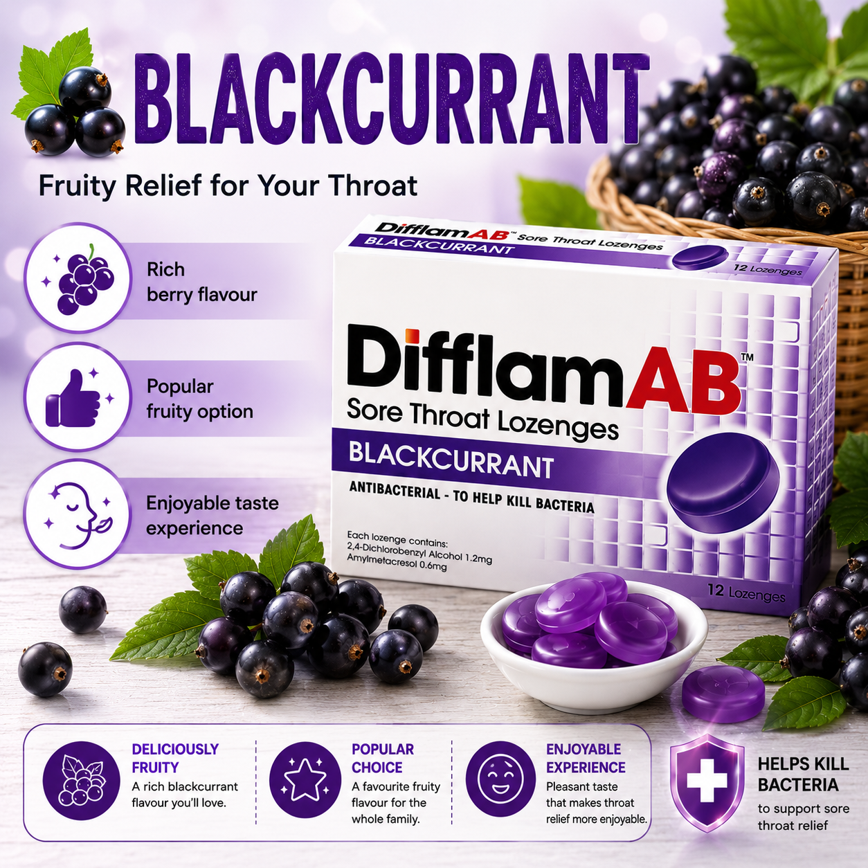 Difflam AB Sore Throat Lozenges 12s | Antibacterial Relief Cough Throat Pain
