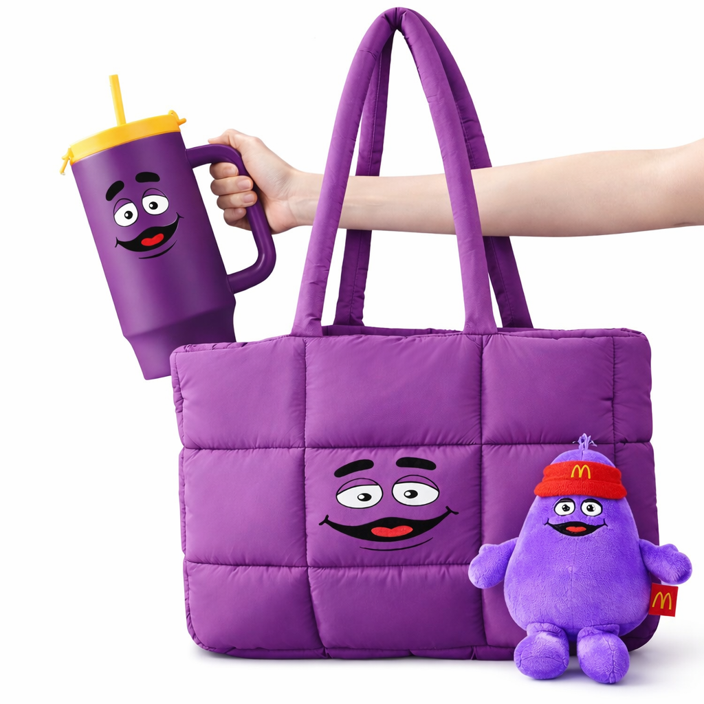 McDonald’s Grimace Exclusive Merch | Tumbler | Plush | Puffer Bag