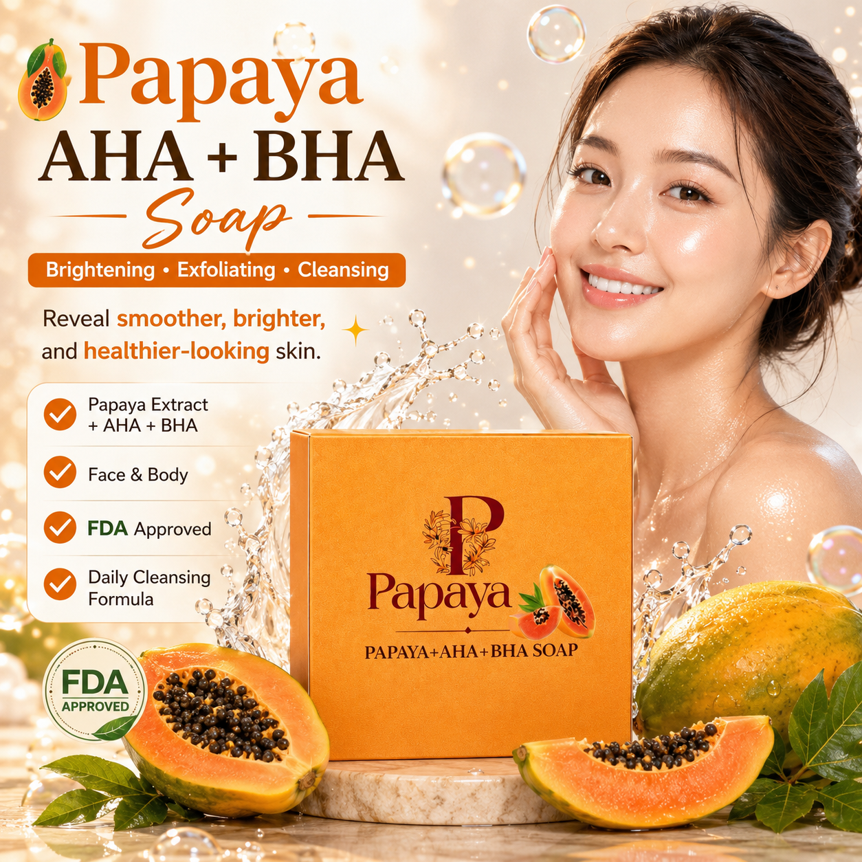 Papaya AHA+BHA Soap – Brightening, Exfoliating & Glow Skin | Face & Body