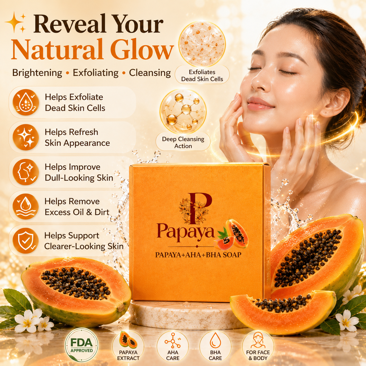 Papaya AHA+BHA Soap – Brightening, Exfoliating & Glow Skin | Face & Body