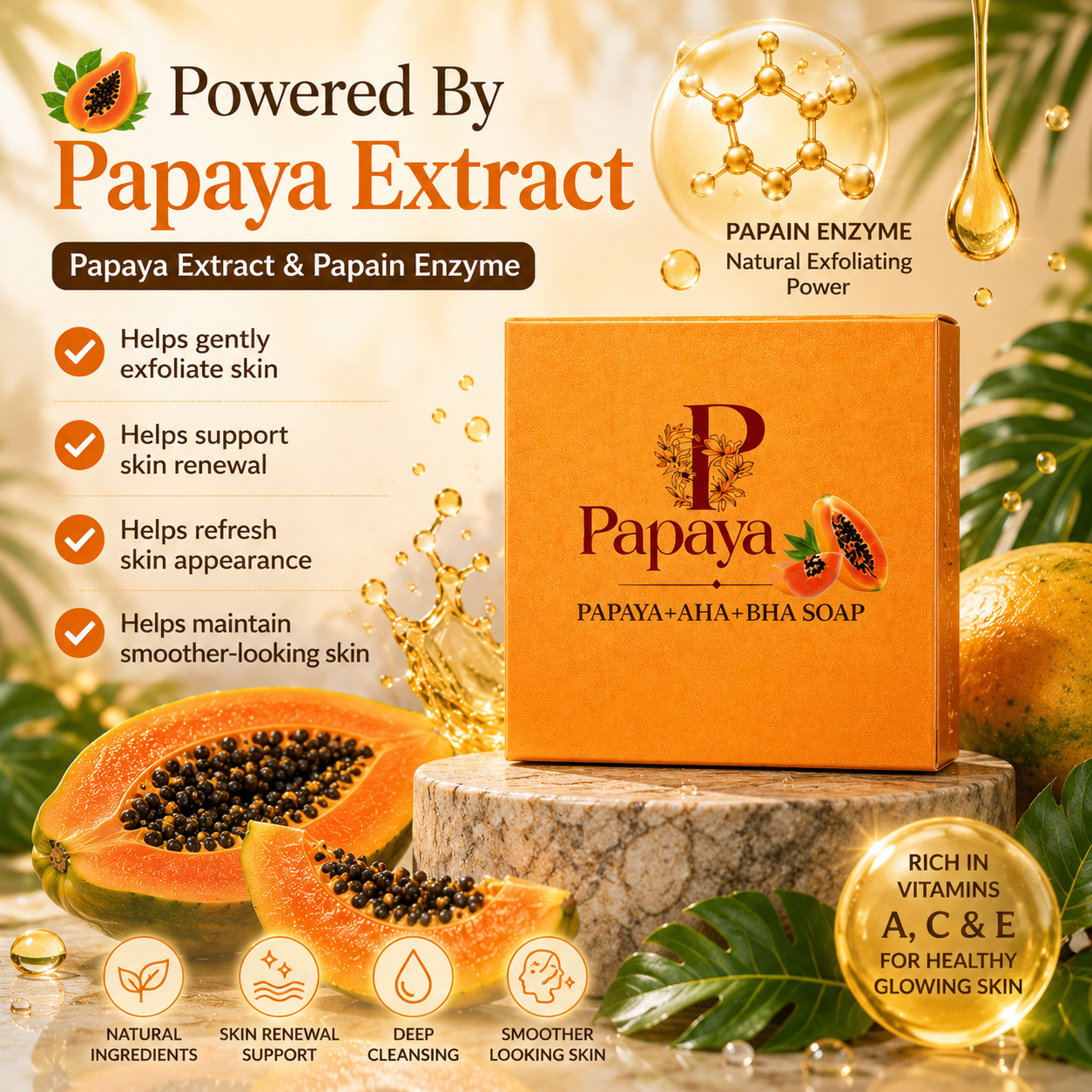 Papaya AHA+BHA Soap – Brightening, Exfoliating & Glow Skin | Face & Body