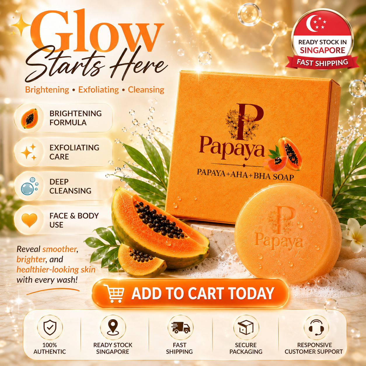 Papaya AHA+BHA Soap – Brightening, Exfoliating & Glow Skin | Face & Body