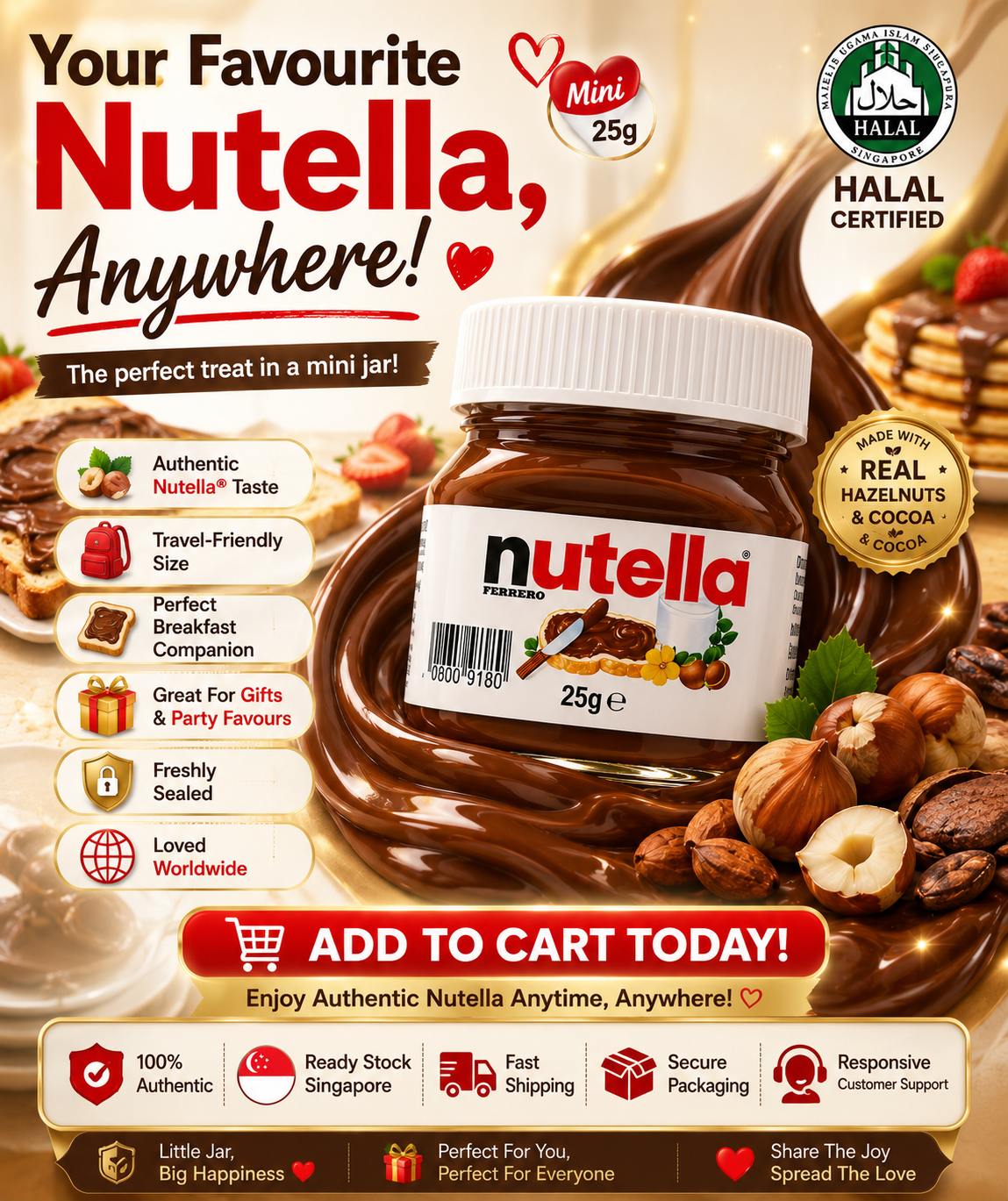 Mini Nutella 25g Pocket-Sized Chocolate Hazelnut Spread Perfect For Travel Gift