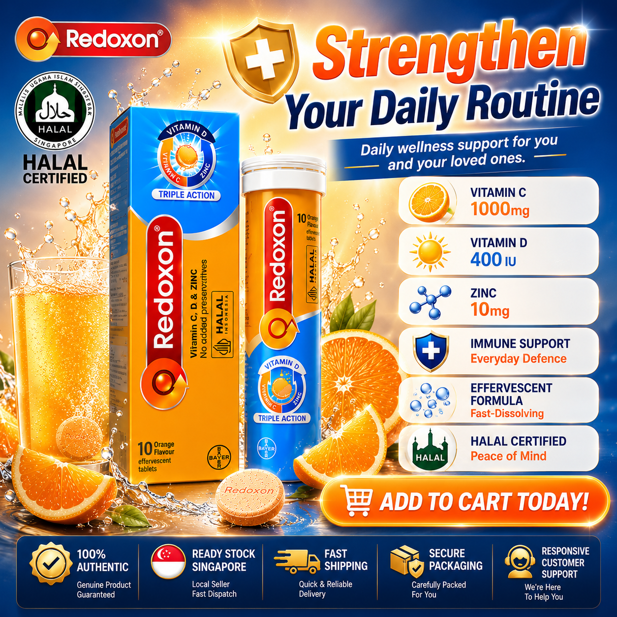 Redoxon Triple Action Vitamin C 1000mg + Vitamin D + Zinc Effervescent Tablets 10’s