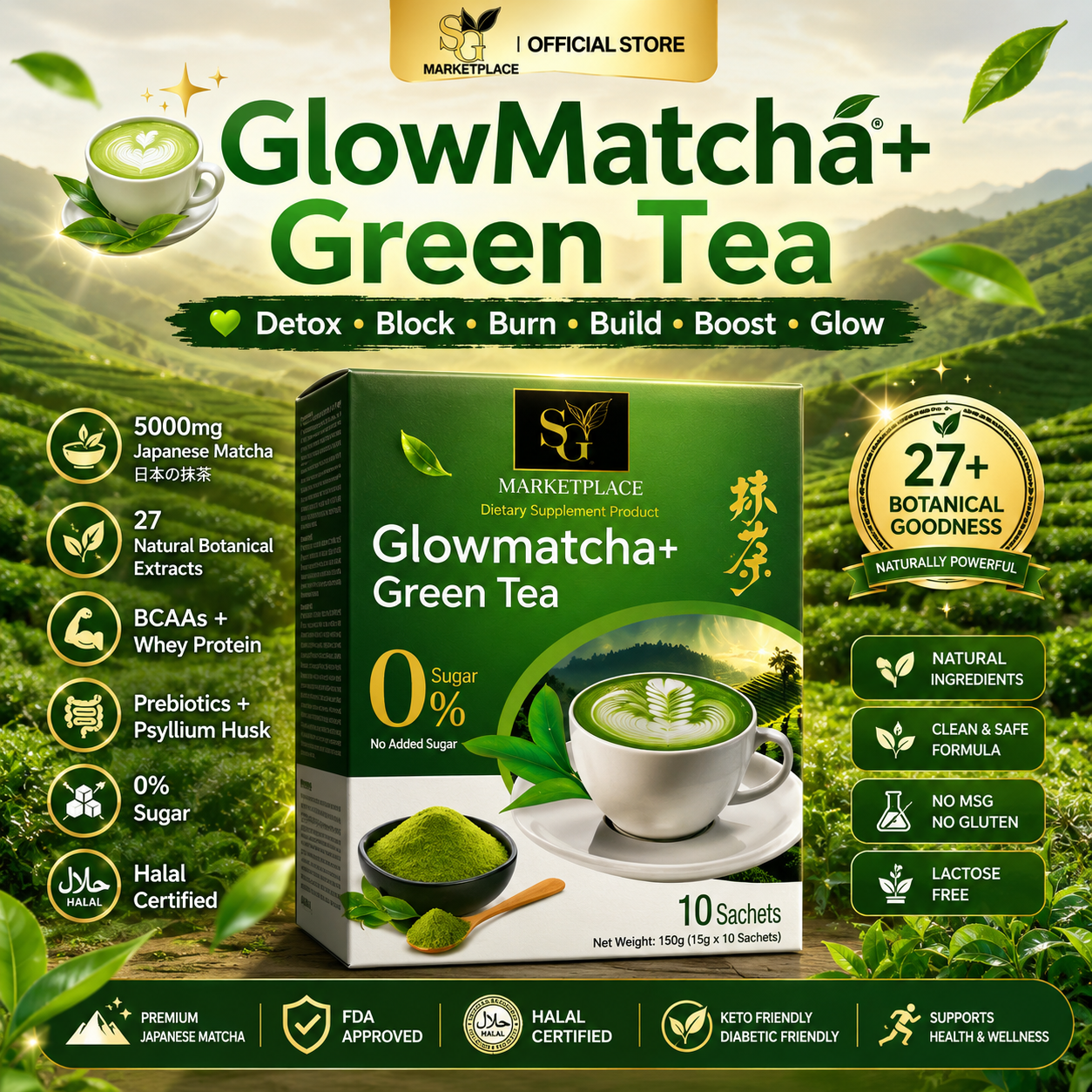 GlowMatcha+ | Burn Fat | Detox | Boost Metabolism | Curb Appetite | Zero Sugar | 100% Natural