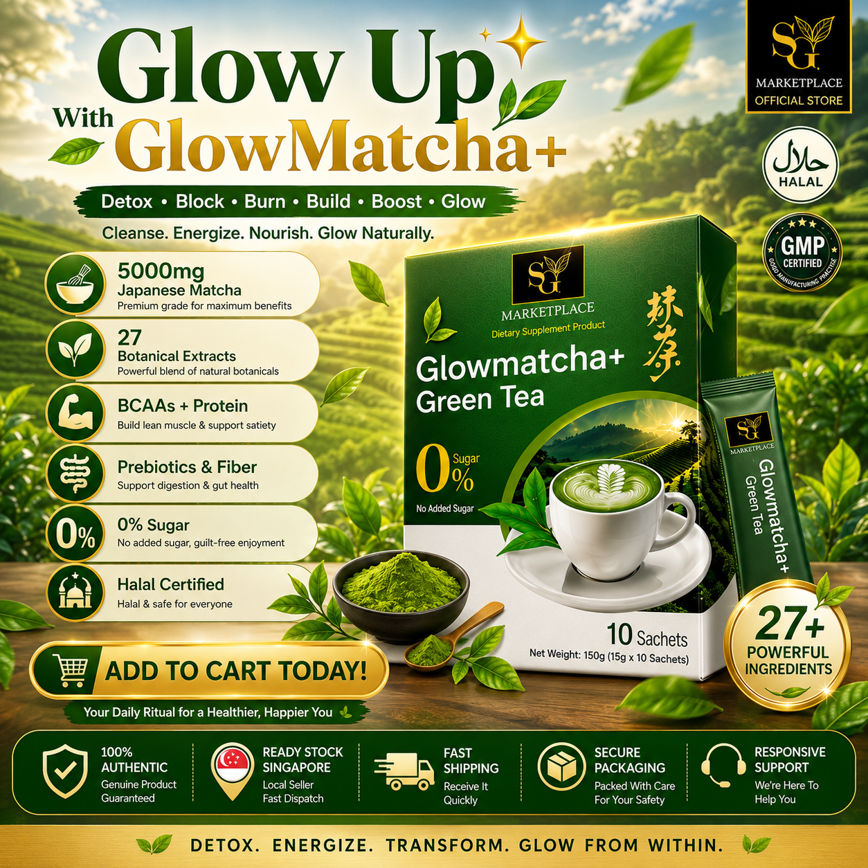 GlowMatcha+ | Burn Fat | Detox | Boost Metabolism | Curb Appetite | Zero Sugar | 100% Natural