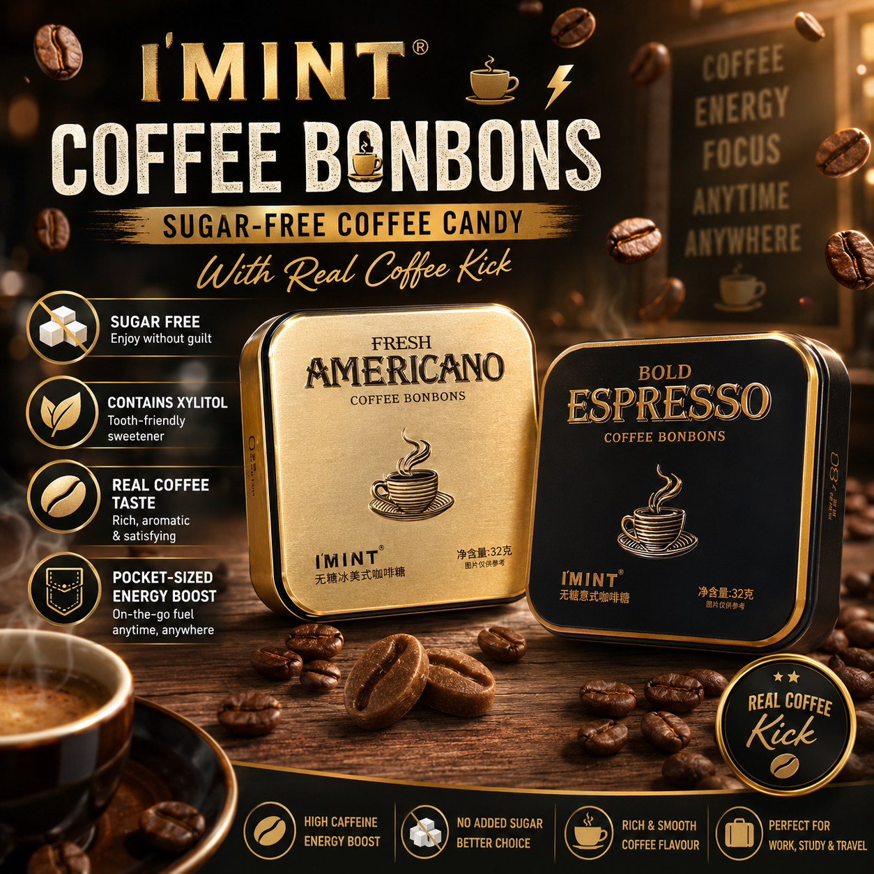 I’MINT Sugar Free Coffee Bonbons 32g | Xylitol Fresh Americano & Bold Espresso