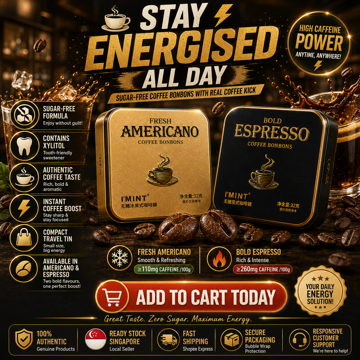 I’MINT Sugar Free Coffee Bonbons 32g | Xylitol Fresh Americano & Bold Espresso