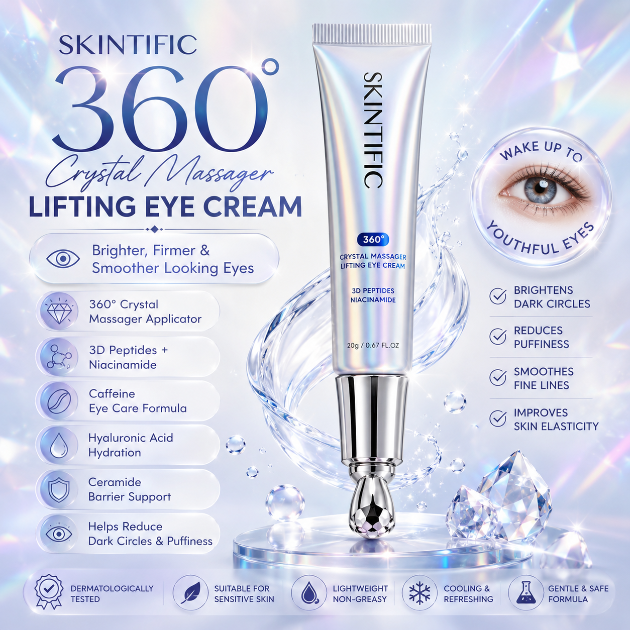 SKINTIFIC 360° Crystal Massager Lifting Eye Cream 20g