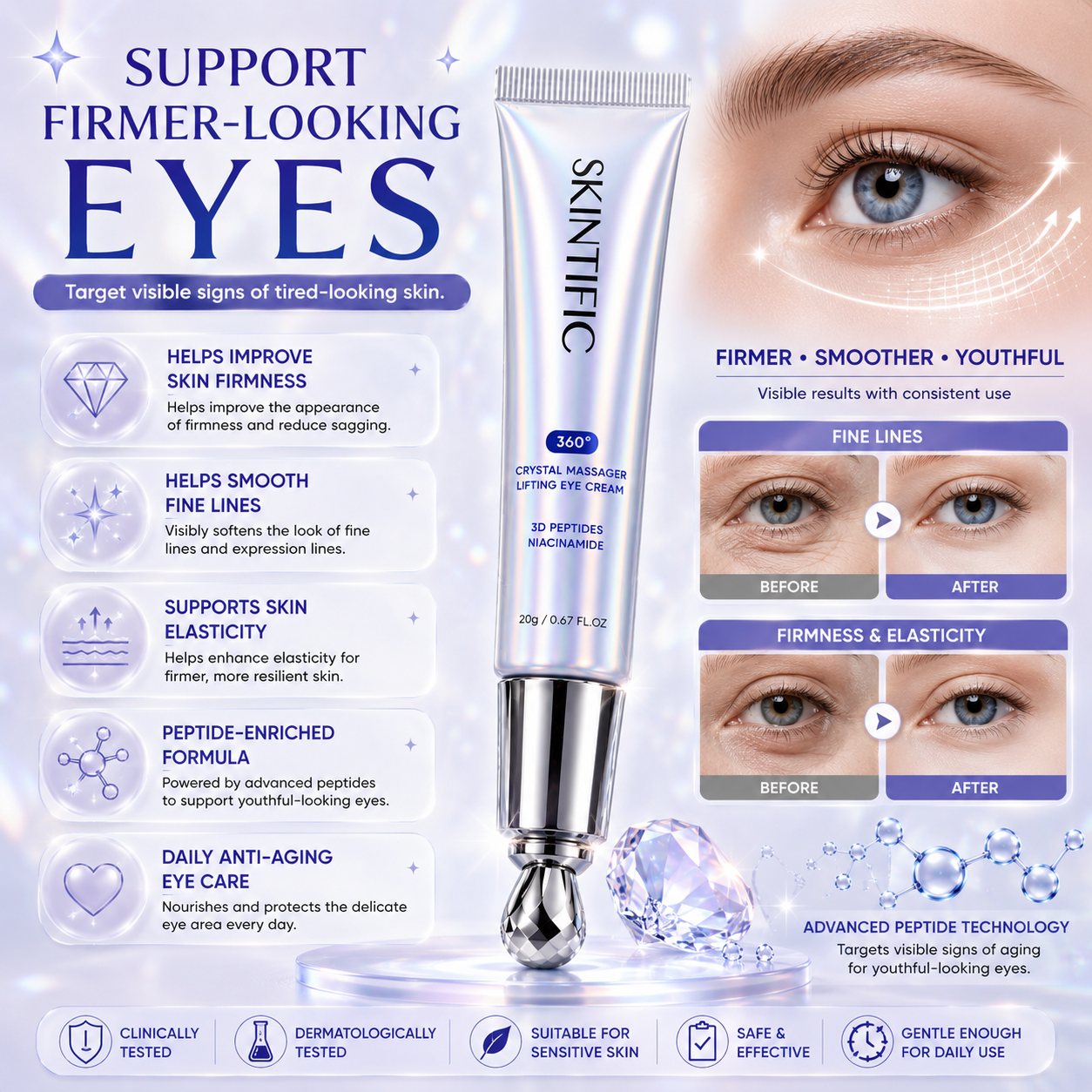 SKINTIFIC 360° Crystal Massager Lifting Eye Cream 20g