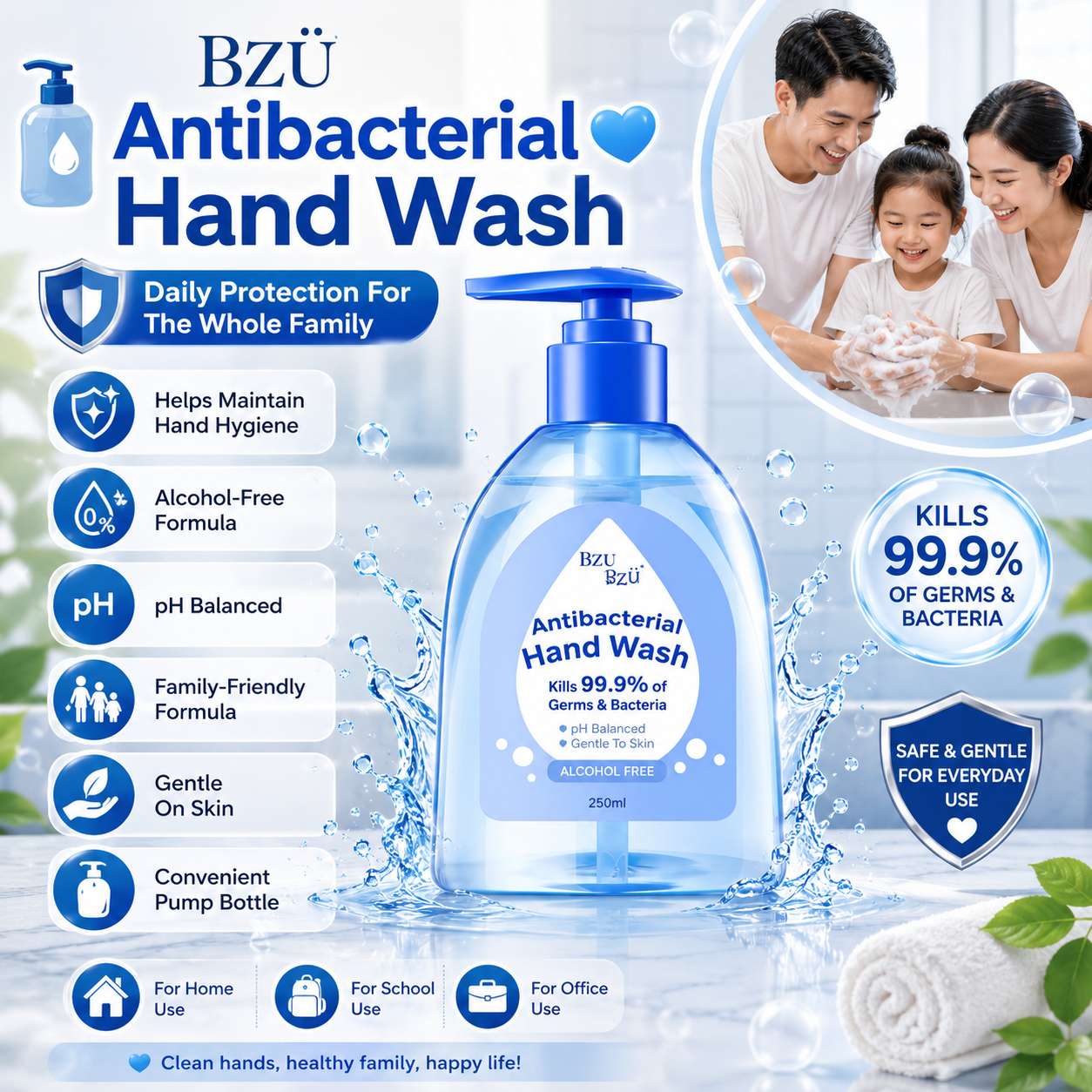 BZÜ BZÜ Antibacterial Hand Wash 250ml Alcohol Free | pH Balanced Gentle to Skin
